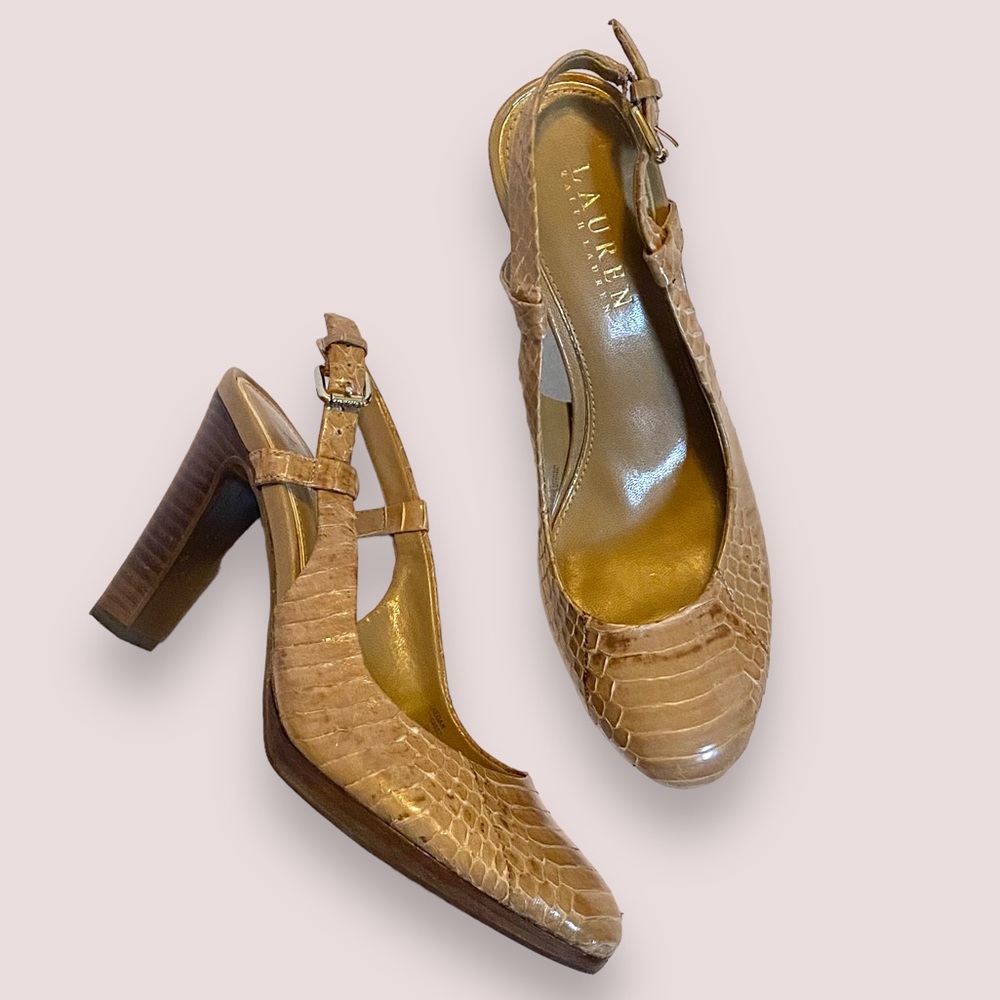 Lauren Ralph Lauren Maegan Tan Leather Snake Sling Back High Heels SZ 6B